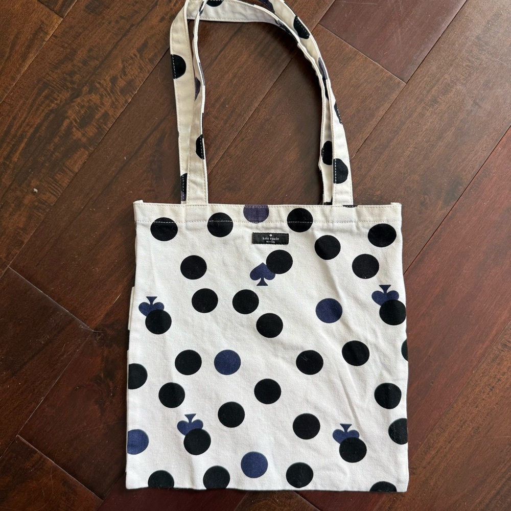 kate spade Cream Canvas Tote with Black and Navy Polka Dots